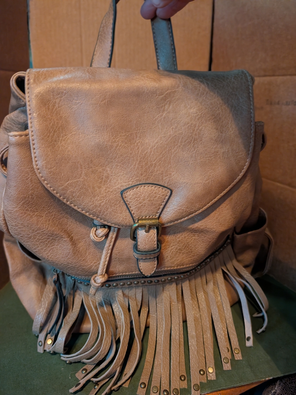 Fringe Accent Faux Leather Backpack Purse in Tan